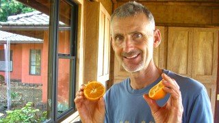 Don Weaver holds orange halves