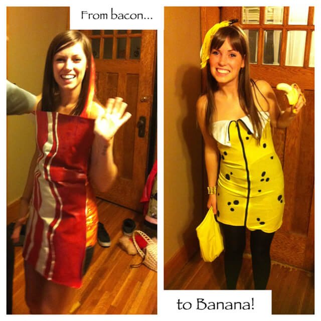 Ashley Clark wearing bacon and banana Halloween costumes