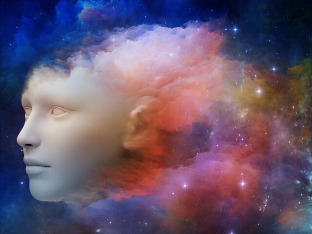 Composition of human profile and fractal forms on the subject of inner reality, mental health, imagination, thinking and dreaming