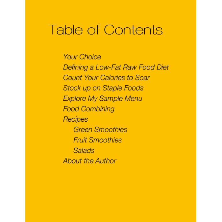 A Taste of Raw Food: 7 Days of Smoothies 'n' Salads by Brian Rossiter - table of contents - raw vegan meal plan - Fruit-Powered Store