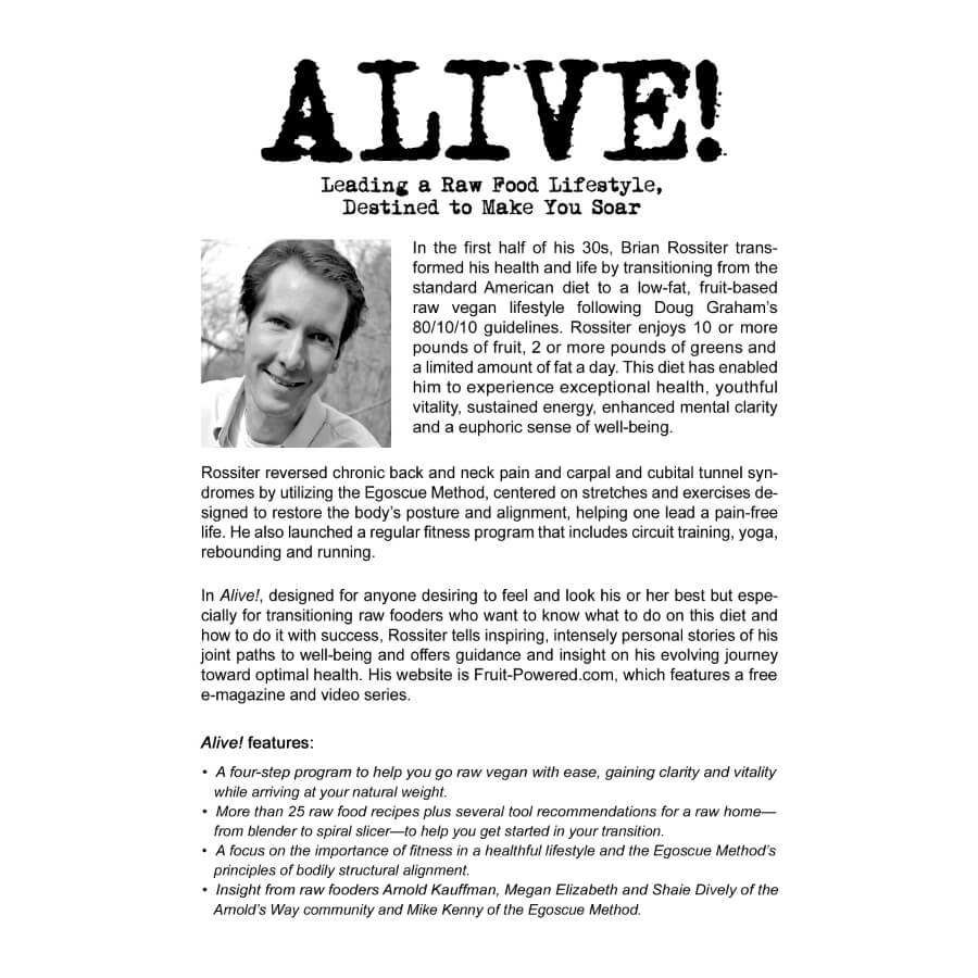Alive by Brian Rossiter - back cover - raw vegan guide - Fruit-Powered Store