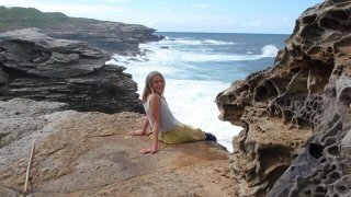 Kvetoslava Martinec overlooks the sea from a cliff